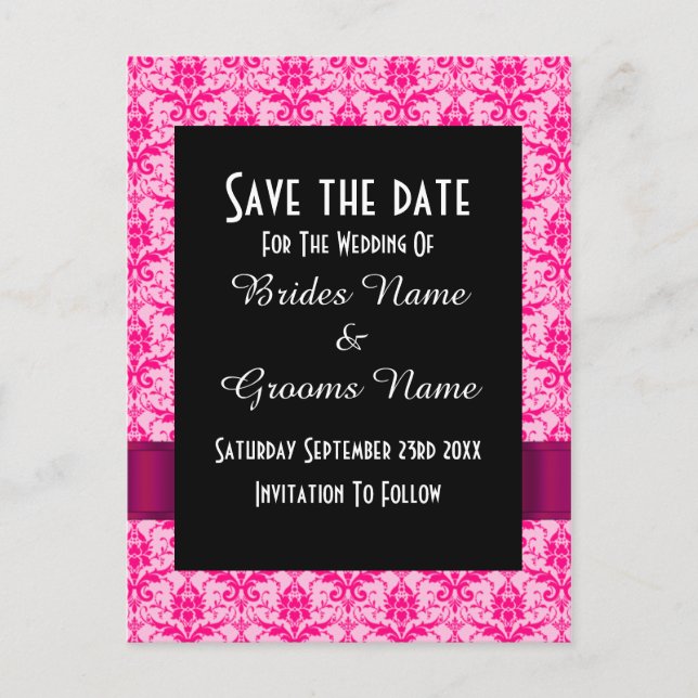 Pink colourful damask save the date announcement postcard (Front)