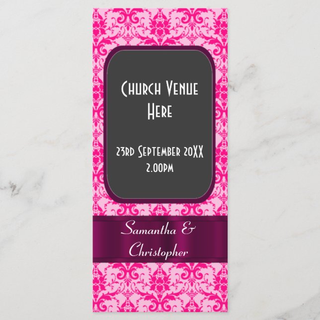 Pink colourful damask wedding program (Front)