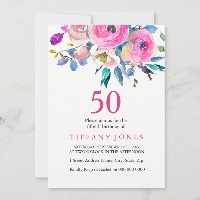 Pink Colourful Floral 50th Birthday Party Invite (Front)