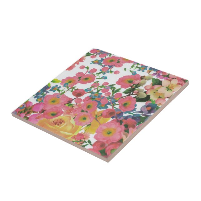 Pink colourful Floral botanical Flowers  Ceramic Tile (Side)