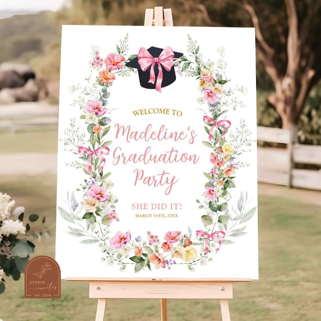 Pink Colourful Floral Bow Graduation Party Poster (Creator Uploaded)