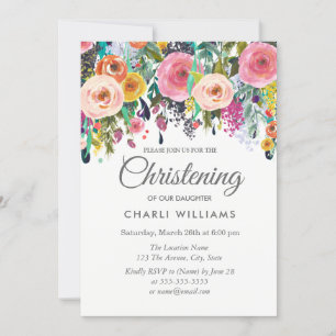 Pink Colourful Flowers Christening baptism invite