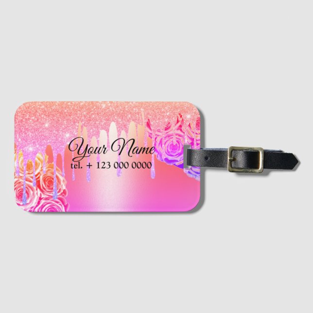 Pink Colourful Glitter Sparkling Drips Luggage Tag (Front Horizontal)