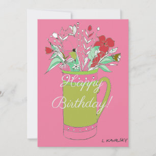 Pink Colourful Happy Birthday Flowers In Mug  Holiday Card