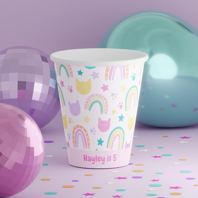 Pink Colourful Kitty Cat & Rainbow Pattern Birthda Paper Cups (Pink Colorful Kitty Cat & Rainbow Pattern Birthday Paper Cups)
