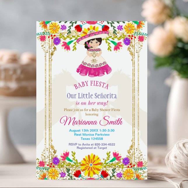 Pink Colourful Mexican Floral Fiesta Baby Shower  Invitation (Creator Uploaded)