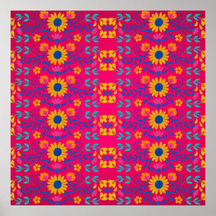 Pink colourful Mexican Folk Art floral Pattern Poster