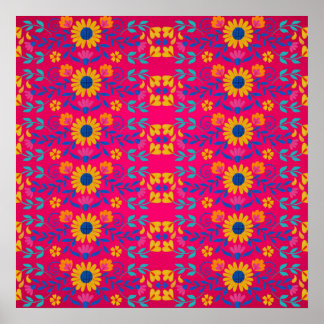 Pink colourful Mexican Folk Art floral Pattern Poster