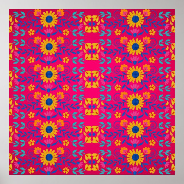Pink colourful Mexican Folk Art floral Pattern Poster (Front)