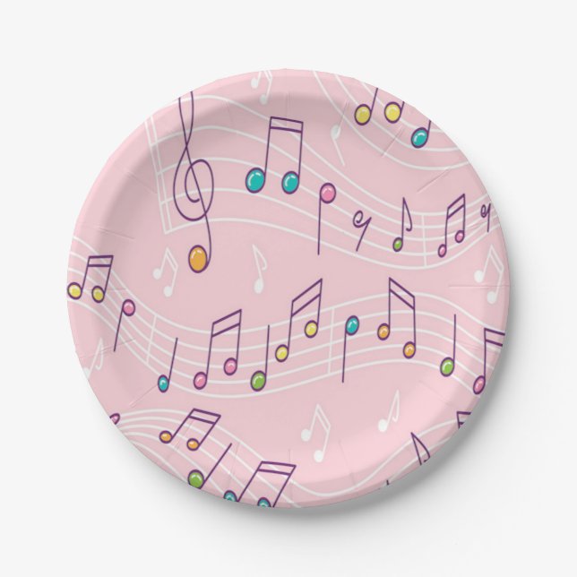 Pink colourful music note pattern musician musical paper plate (Front)