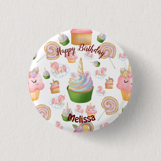 Pink Colourful Name Birthday Cupcake Unicorn 3 Cm Round Badge (Front)