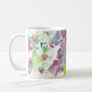Pink colourful orchid flower butterflies watercolo coffee mug