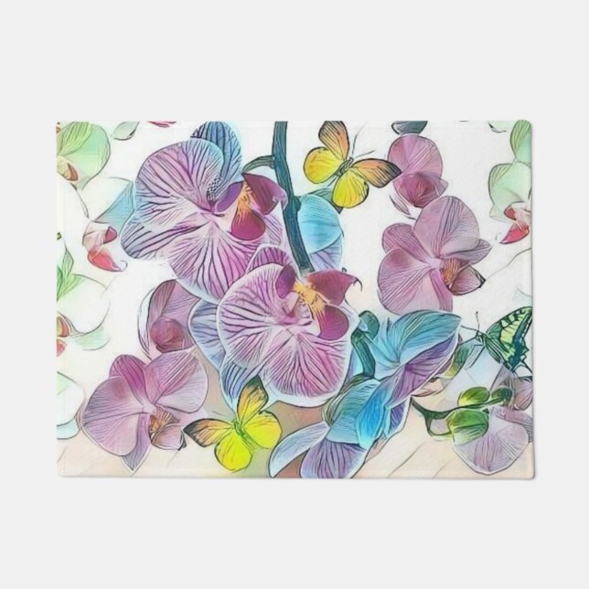 Pink colourful orchid flower butterflies watercolo doormat (Front)