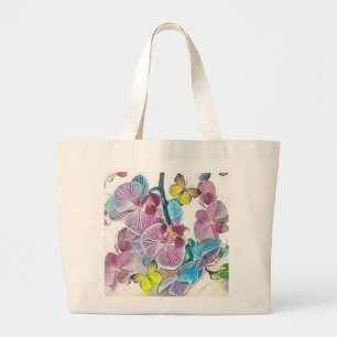 Pink colourful orchid flower butterflies watercolo large tote bag