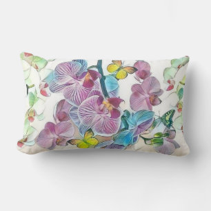 Pink colourful orchid flower butterflies watercolo lumbar cushion