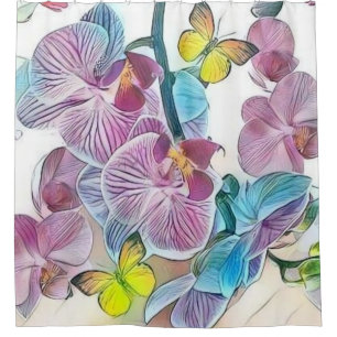 Pink colourful orchid flower butterflies watercolo shower curtain