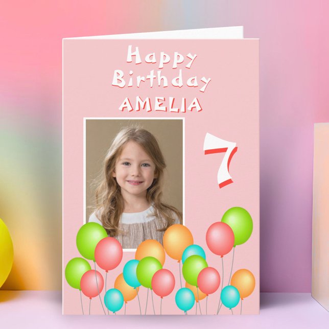 Pink Colourful Party Balloons Kid Birthday Photo Card (Creator Uploaded)