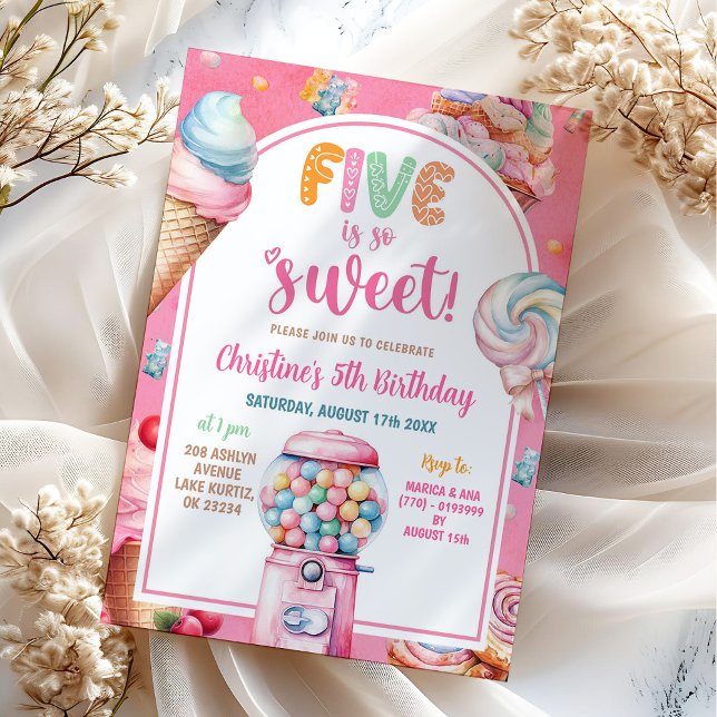 Pink Colourful Pastel Candies Kid's 5th Birthday Invitation (Creator Uploaded)