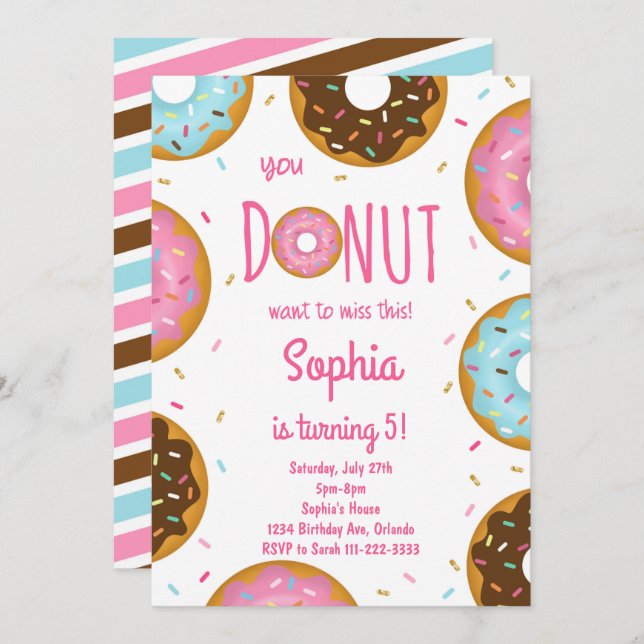 Pink Colourful Sprinkle Doughnuts Birthday Invite (Front/Back)