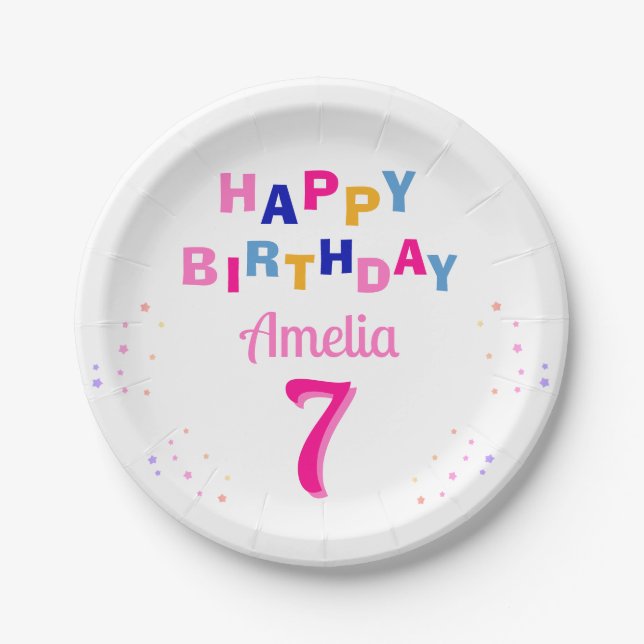  Pink Colourful Stars Girl Happy Birthday Party  Paper Plate (Front)