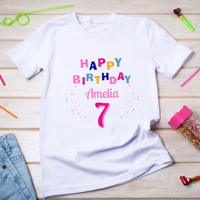  Pink Colourful Stars Girl Happy Birthday  T-Shirt (Creator Uploaded)