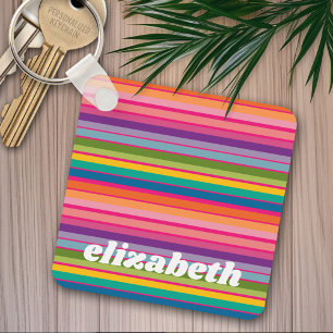 Pink & Colourful Striped Pattern with Funky Name Key Ring