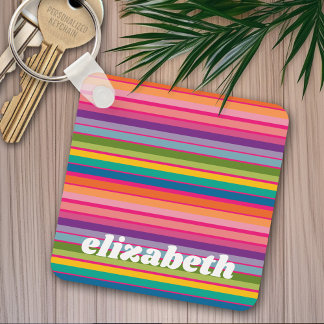 Pink & Colourful Striped Pattern with Funky Name Key Ring