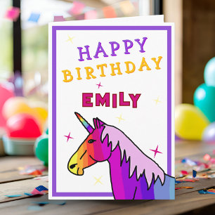 Pink Colourful Unicorn Girl Happy Birthday Card