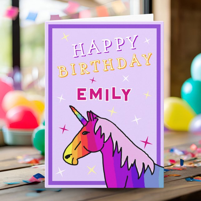 Pink Colourful Unicorn Girl Happy Birthday  Card (Creator Uploaded)