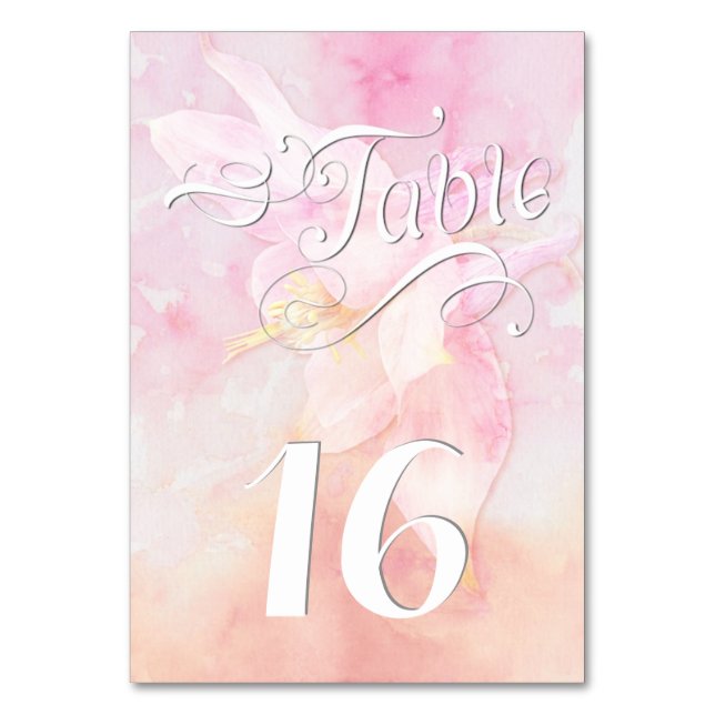 PINK COLUMBINE FLOWER WATERCOLOR SPLASH WEDDING TABLE NUMBER (Front)