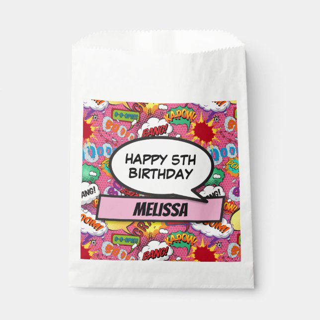 Pink Comic Book Superhero Birthday Party Favour Bag (Front)