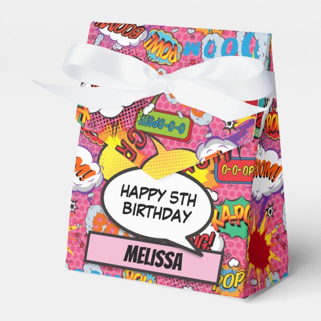 Pink Comic Book Superhero Birthday Party Favour Box (Front Side)