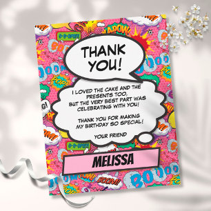 Pink Comic Book Superhero Birthday Party Thank You Card