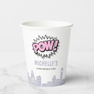Pink Comics Book Superhero Birthday Paper Cups