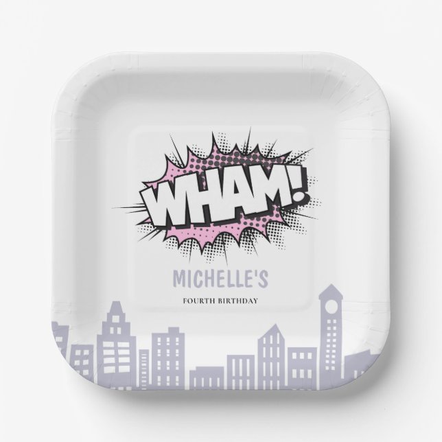 Pink Comics Book Superhero Birthday Paper Plate (Front)