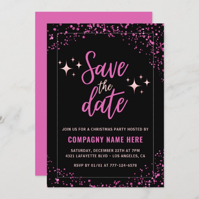 Pink Company Christmas Party  Save the date Glam Invitation (Front/Back)