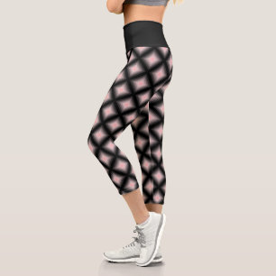 Pink Concentric Squares on Black Geometric Pattern Capri Leggings