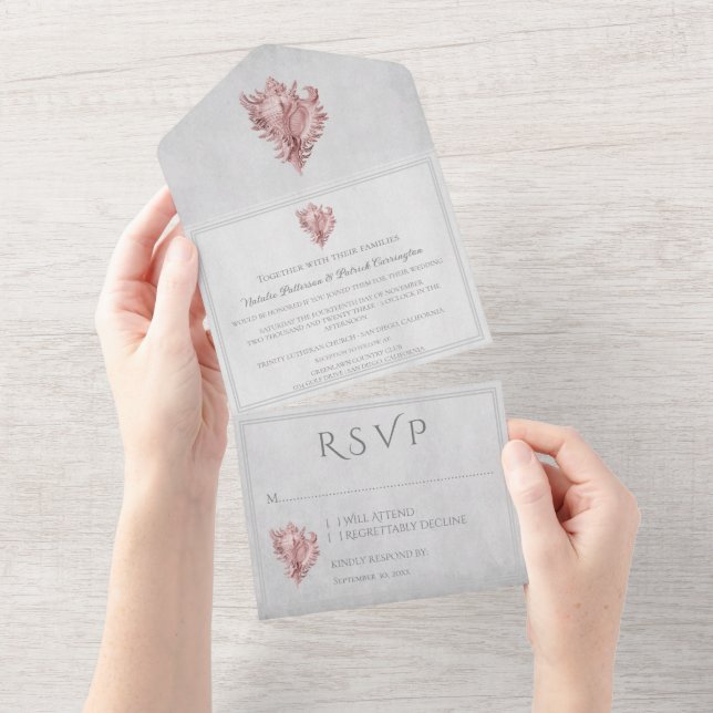 Pink Conch Shell All in One Wedding Invite (Tearaway)