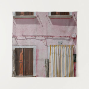 PINK CONCRETE HOUSE WITH THREE WINDOWS AND ONE DOO TAPESTRY