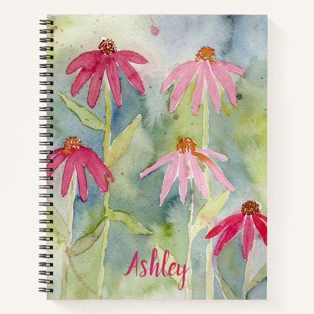 Pink Coneflower Watercolor Personalised Notebook (Front)