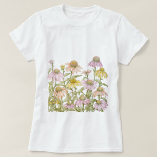 Pink Coneflowers Daisy Floral Botanical Art T-Shirt