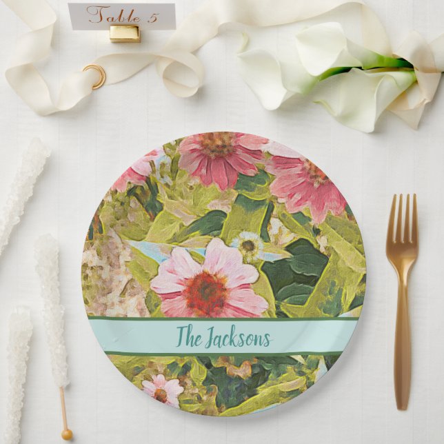 Pink Coneflowers Green Leaves Name Personalised Paper Plate (Wedding)