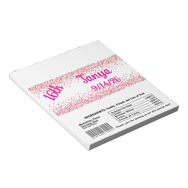 Pink Confetti Candy Bar Wrapper Party Favour Notepad (Angled)