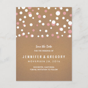 Pink Confetti Casual and Romantic Save the Date Announcement Postcard