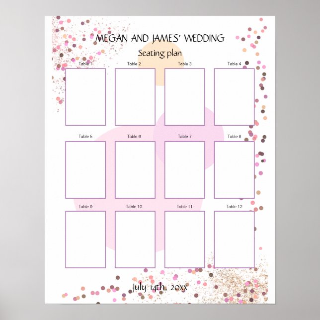 Pink Confetti Circles Blank 12Table Seating Plan Poster (Front)