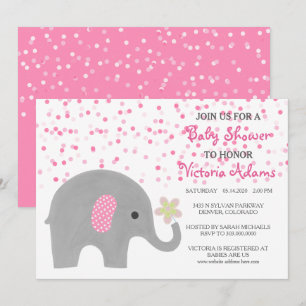 Pink Confetti Elephant Baby Girl Shower Invitation