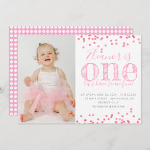 Pink confetti first birthday party photo  invitation