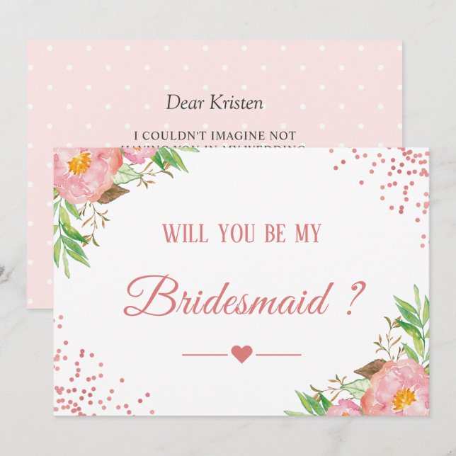 Pink Confetti Floral Will You Be My Bridesmaid Invitation (Front/Back)