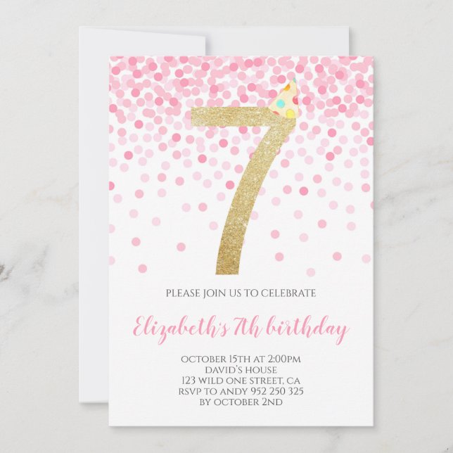 Pink Confetti Party Gold Number Girl 7th Birthday Invitation (Front)