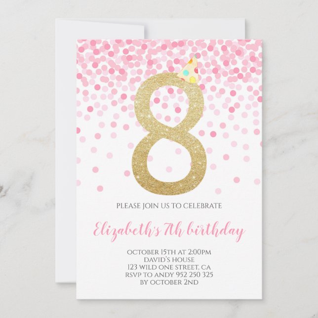 Pink Confetti Party Gold Number Girl 8th Birthday Invitation (Front)